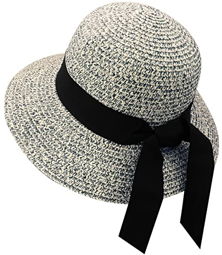 REETEE Sonnenhut Damen UPF 50+ Breiter Krempe Strandhut Sommerhut Damen Strohhut Faltbarer Strandmütze Strohhut (Grau)