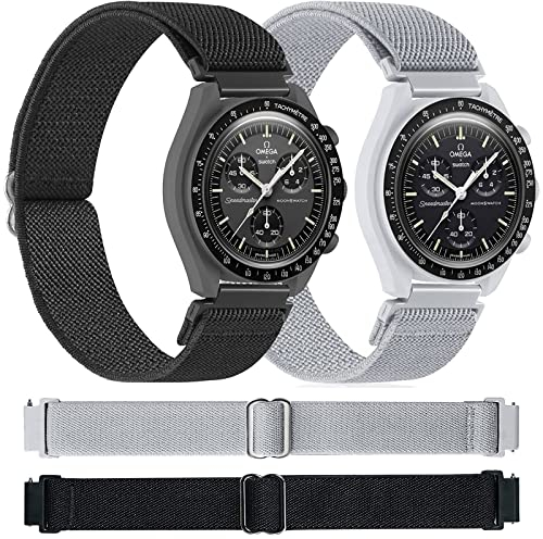 Miimall 2 Stück Nylonband Kompatibel mit Omega x Swatch Speedmaster Moonswatch Armband, Weiche Elastisches Stoff Moonswatch Strap Armbänder für Omega Swatch MoonSwatch Band -Schwarz + Grau
