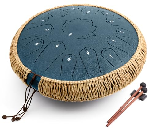 TMPZ Zungentrommel aus Stahl, 35,6 cm, 15 Noten, C-Key Major, Legierung, Yoga, Zen, Meditation, Raum, Chakra-Tank, Finger, HandPan, ätherisches Pan-Percussion-Instrument-Set mit Musikbuch und