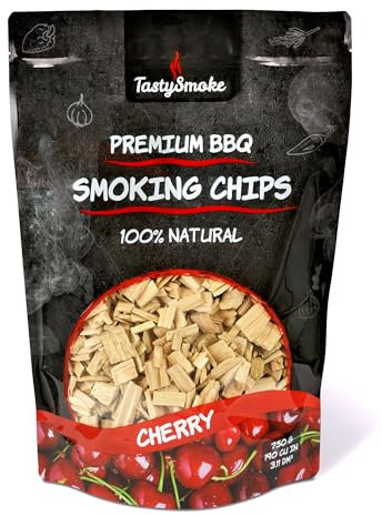 TastySmoke® Trucioli di ciliegia di alta qualità – 100% legno naturale per aroma intenso di fumo, ideale per barbecue, affumicatore, barbecue, 750 g di legno affumicato per carne, pesce, verdure