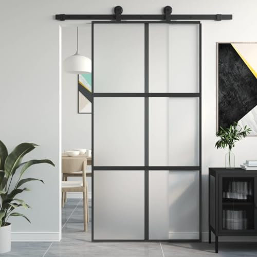 Gecheer Porta Scorrevole, Vetro Temperato e Alluminio, Nero, 102,5x205 cm