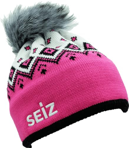 GCOM360 Mütze Seiz rosa-Weiss mit Flauschbommel