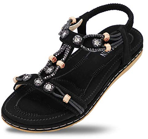 SANMIO Sandales Femmes Plates, Mode Été Bohème Strass Fleurs Cuir PU Tongs Confortable Bout Ouvert pour Filles Style 1 Noir 38 EU