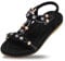 SANMIO Sandales Femmes Plates, Mode Été Bohème Strass Fleurs Cuir PU Tongs Confortable Bout Ouvert pour Filles Style 1 Noir 38 EU