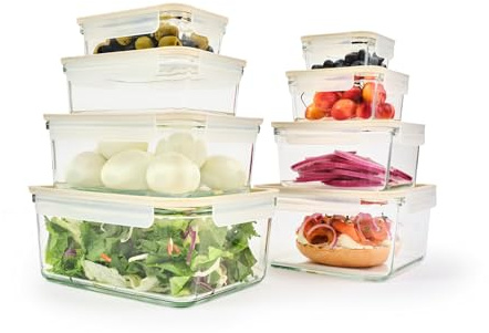 Glasslock Sens 16Pcs Glass Food Storage Set – Airtight & Leakproof, 8 Different Sizes, Anti Slip Lid, Microwave & Oven Safe, Perfect for Meal prep, Lunch Box, Nestable & Stackable, Pantry Storage