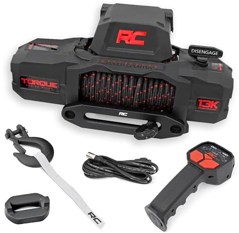 Rough Country Treuil de 5 896,7 kg avec corde synthétique – Treuil électrique étanche 12 V pour Jeep Wrangler, treuil de récupération tout-terrain pour camion avec télécommande sans fil et commande