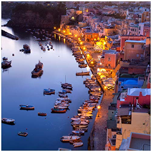Wallario Glasbild Hafen bei Nacht - Italien hell erleuchtet - 55 x 55 cm Wandbilder Glas in Premium-Qualität: Brillante Farben, freischwebende Optik