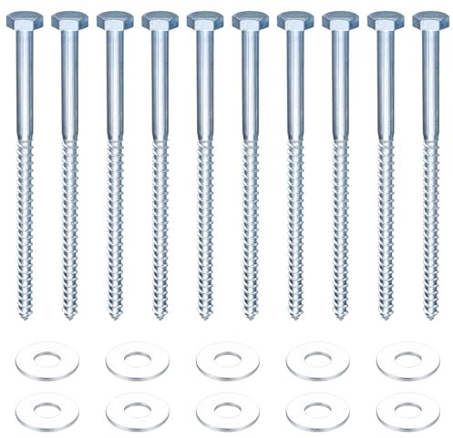 10 Pcs M10 Tornillos Tirafondos para Madera, Tornillos de Cabeza Hexagonal, Tornillos Autorroscantes, Tornillos para Madera con Arandelas para Soporte TV Plataforma (M10 x 180 mm)