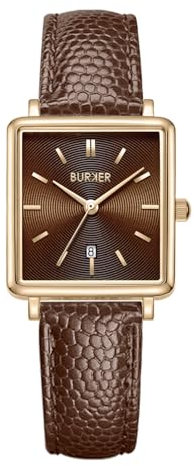 BURKER Damenuhr Daisy, Quadratische Damen Armbanduhr Lederarmband Edelstahl Analog Quarz 3-ATM Wasserdicht - 28 mm - Gold Braun/Braun Leder