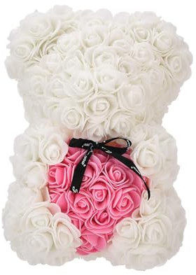 Qianderer Rose Petals Teddy Bear Presents for Women | Artificial Flowers Rose Bear Valentine Gifts (White, M)