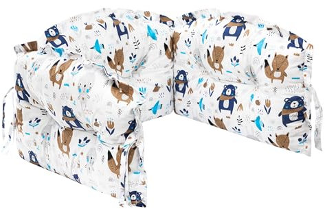 Schutz für Bettrahmen Baby Bett - Bettkantenschutz für Kinderbetten 38 x 200 cm - zweiseitig - Atmungsaktive Polsterung, Rausfallschutz für Babybett - Umrandung Babybett – Muster Der Bär und der Fuchs