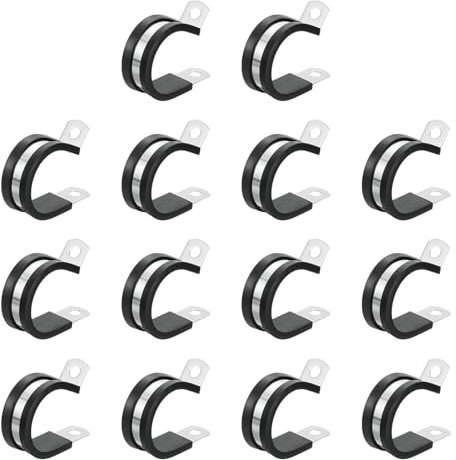sourcing map 1-1/8(28mm) Cable Clamp, 304 Stainless Steel Rubber Cushioned Insulated Clamp R Shape Metal Clamp Tube Holder for Pipe Hose Wire Cord Installation 14Pcs