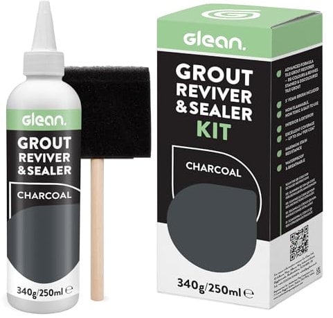 GLEAN Grout Reviver & Sealer | CHARCOAL | 340g | Restore, Repair, Renew Tile Grout | Includes Foam Brush | Stain Resistant, Breathable Grout Cleaner | Bathroom, Shower & Kitchen Tile Grout