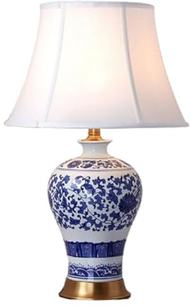 WLLWHF Lampe de table en céramique, bleu et blanc, lampe de lecture de style chinois, lampe de table décorative pour salon et chambre à coucher