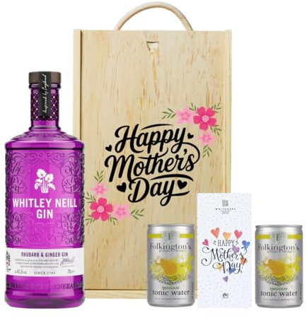 Mum Whitley Neill Rhubarb & Ginger Gin Gift Set with Folkington’s Tonics – 70cl | 43% ABV | Premium Gin Gift for Mum