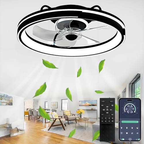 AJZXQM LED Ventilatore da Soffitto Silenzioso, Ventilatore da Soffitto con Luce e Telecomando Dimmerabile da 64w, Lampadario Ventilatore Reversibile a 6 Velocità, Lampadari Cucina, App, Timer, Nero