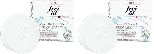 frei öl MED WaschStück pH 5,5, 3-in-1 seifenfreie Reinigung für Körper, Gesicht und Haare, pH-hautneutral, mikrobiomfreundlich, Mikrosilber, Mandelöl, Avocadoöl, vegan, Gesichtsreinigung, 90 g