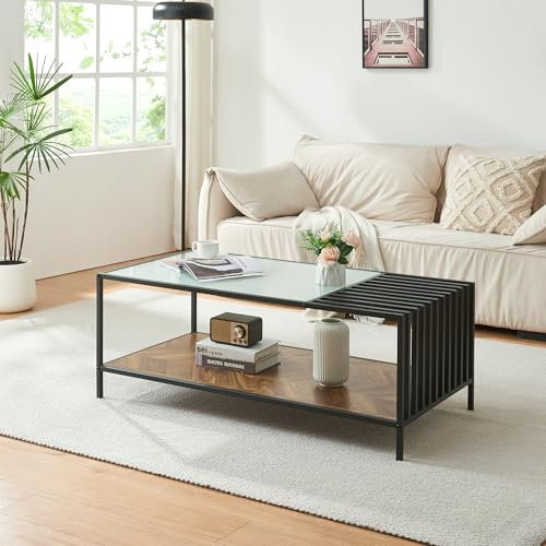 [en.casa] Table Basse de Salon Table d'Appoint avec Plateau Inférieur de Rangement Design Intemporel Stable Rectangulaire pour Séjour Bureau MDF Acier Verre 120 x 60 x 45 cm Noir Effet Chêne Foncé