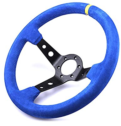 Autolenkrad, Sportlenkrad, Universal-Lenkrad, blaues Wildleder, schwarzer Aluminium-Rahmen, tiefes konkaves Lenkrad mit Hupenknopf