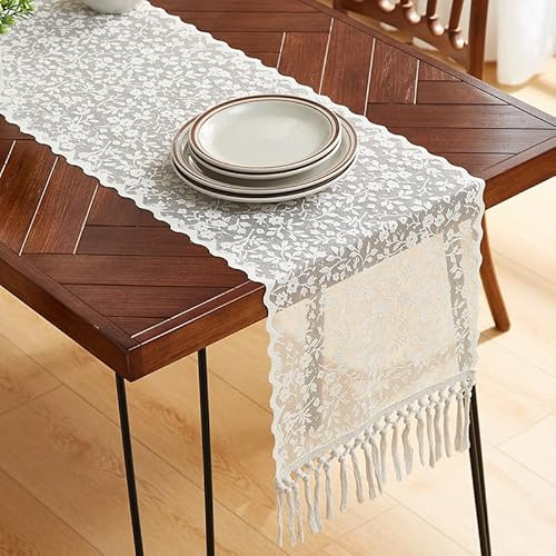 Spitze Gehäkelte Tischläufer, 30 * 180cm Boho Deko Hochzeit Tischdecke Vintage Handgewebt Makramee Stickerei Blumen Beige Tischband Tischwäsche mit Quasten für Küche Essen Urlaub Party Dekoration
