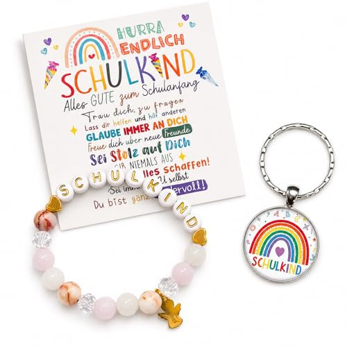 Geschenk Einschulung Mädchen, Schutzengel Armband Set für Mädchen 2026 | Schulanfang Geschenke für Mädchen mit Schlüsselanhänger Grußkarte Geschenkbox, Einschulung Geschenk für Enkelin, 4-Teilig