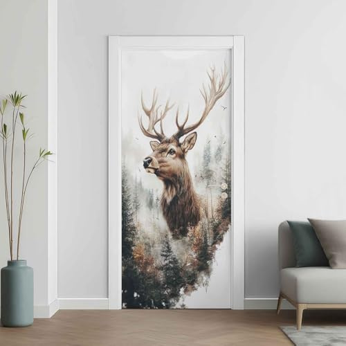 Hirsch Türaufkleber, Wald Türfolie Selbstklebende Fototapete, Tier Landschaft Türposter Abnehmbar Türfolie PVC Für Tür Schlafzimmer Badezimmer Türaufkleber 77x200 cm