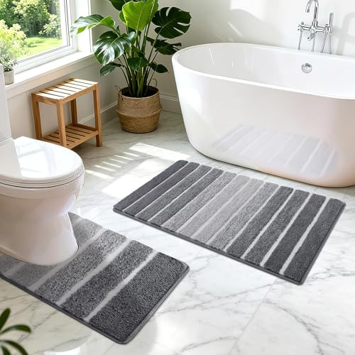 SHACOS Badezimmerteppich Set 2 Teilig Badteppich rutschfest Badematte Grau Weiche Badezimmer Teppiche Wasserabsorbierend Duschmatte Waschbar Badvorleger Set, 50x80+50x50cm