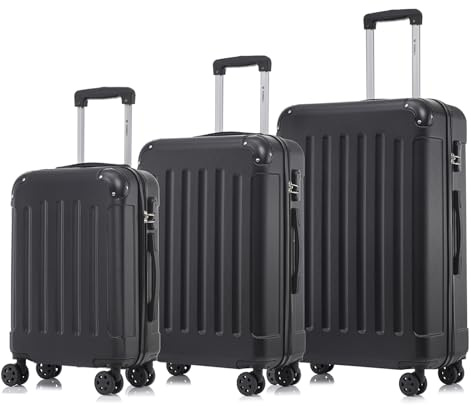 YONSLY Koffer Suitcase Set, Trolley Reisekoffer, Rollkoffer Handgepäck, Kofferset, Gepäckset mit 4 Rollen 360°, Hartschalenreisekoffer, Zahlenschloss, Weicher Gummigriff (3er Set, M,L&XL, Schwarz)