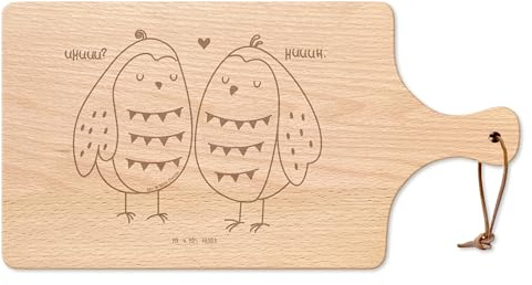 Mr. & Mrs. Panda Brotzeitbrett Eulen Liebe - Geschenk, Schneidebrett, Owl, Frühstücksbrettchen, Eule, Hackbrett, tranchierbrett, servierbrett Holz, Holzbrett, Freund, Freundin