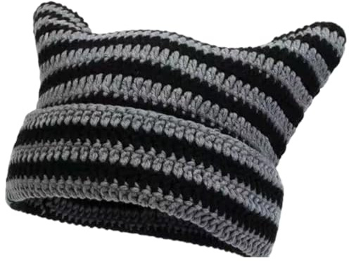 KASLCWA Y2k Cat Beanie, Katzenohren Mütze, Lustige Mütze Mit Ohren Katzenohren, Katze Ohr Stricken Hut Vintage Beanie, Katze Beanies (Schwarz Grau)