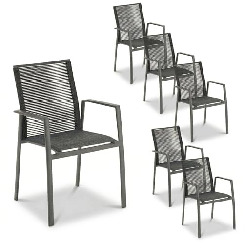 Liadomo Gartenstuhl 6er-Set Limbadi - 6 Stück Stapelstuhl - Alu-Gestell - Rope dunkelgrau - Armlehne Alu - wetterfest - fertig montiert - stapelbar - für Garten, Terrasse, Balkon