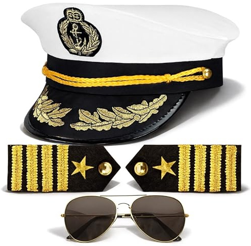 Set costume da Capitano, con cappello da capitano cappello da marinaio cappello da marinaro stile marino, occhiali da pilota, polsini per carnevale feste in maschera uomo e donna