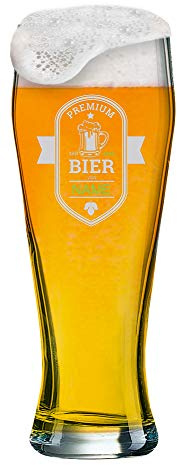 Weizenglas mit Gravur von [NAME] + Logo | 0,5 Liter Weißbierglas Bayern mit Motiv (Premium Bier) und einem Namen Ihrer Wahl als Gravur