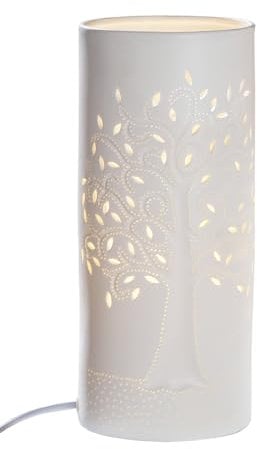 GILDE Lampada da tavolo in porcellana bianca, motivo albero della vita, altezza 28 cm, elegante illuminazione decorazione soggiorno camera da letto