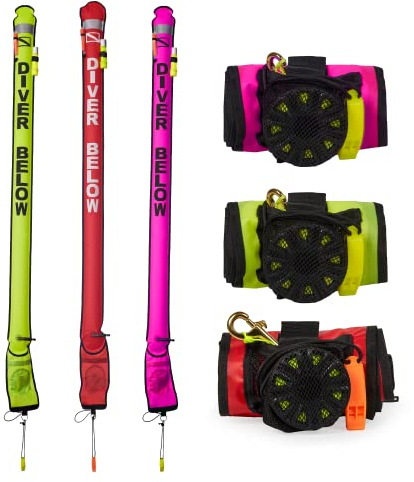 DiveSafe Delayed Surface Marker Buoy – 7ft Closed Bottom with High Visibility Reflective Band, Strobe Light and Flashlight Holder, 100ft ABS Finger Reel and Whistle