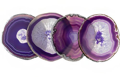 AMOYSTONE Achat-Untersetzer aus Schleifenholz, Kristallstein, Geoden-Untersetzer für Getränke, dekorative violette Geschenke, rutschfest, 4 Stück, 8,9–10,2 cm
