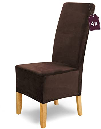 SCHEFFLER-Home Stretch Stuhlhussen Samt Puma Velvet/Velours Stuhlhussen Braun 4er Set/Stuhlabdeckung als Stuhlhussen Schwingstühle/Spann-Stuhlhussen Lang/eleganter Chenille Stuhlüberzug