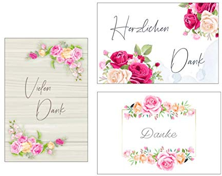 3 Premium Dankeskarten (Klappkarten) mit 3 weißen Umschlägen, Danke, Dankeschön, Karten, Dankekarten, Hochzeit, Geburt, Baby, Taufe, Abschied, 3eburtstag, Jubiläum Blumen Blumenmotiv