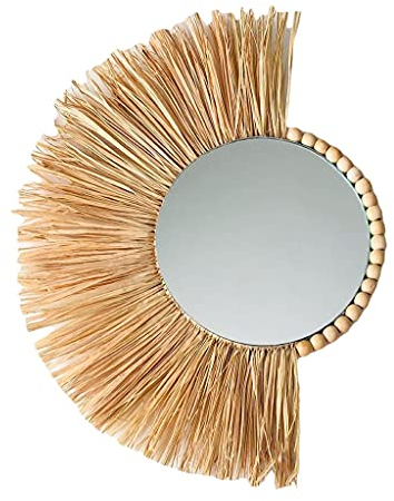 VEILTRON Espejo Colgante Tejido de Paja de Pared Espejos de Maquillaje Redondos Hechos a Mano montados en la Pared Decoración