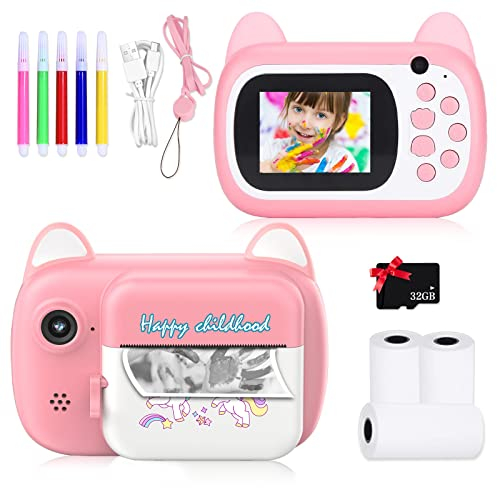 SUPBRO Kinderkamera Digitalkamera Kinder mit 2,4 Zoll Großbildschirm 1080P HD 12MP Eingebaute 32GB SD-Karte Print Sofortbildkamera für 3-10 Jahre Alter Mädchen Geburtstag Kinder Spielzeug Katze
