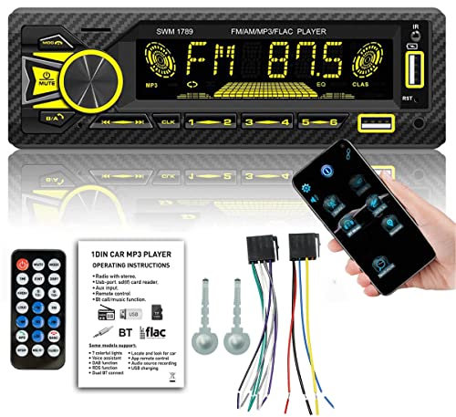 Autoradio Bluetooth 5.0, Controllo app, Assistente vocale, Posizionamento auto, Registrazione audio, 7 colori LED Autoradio e orologio, 4X45W FM AM USB/AUX nel lettore MP3 Telecomando wireless