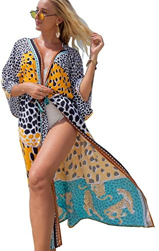 L-Peach Women Roomy Nightgown Long Loungewear Cardigan Kimono Beach Dress Bikini Cover ups Tops