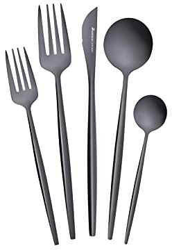 Karaca Orion Black 30-tlg Besteck für 6 Personen Besteck Messer, Gabeln, Löffel, Kuchengabeln, Edelstahl, Essbesteck Tafelbesteck Set Gesund und Hygienisch,Modernes Design