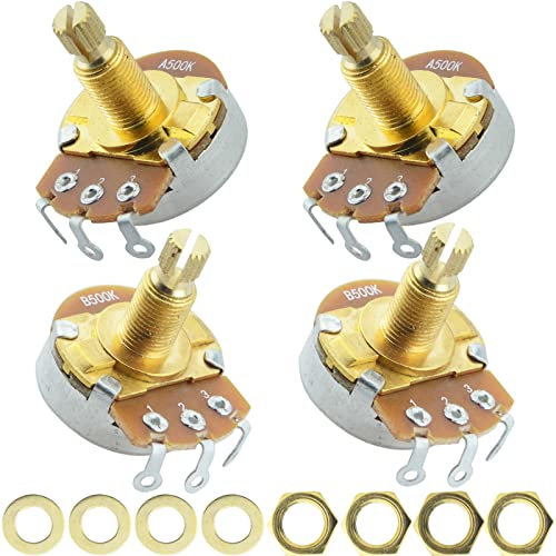 Wwomusic A500K B500K-OHM Guitar Potentiometer 18mm Long Split Shaft Pots Audio Volume Tone Pots Guitar Potentiometers for Electric Guitar and Bass (Set of 4)