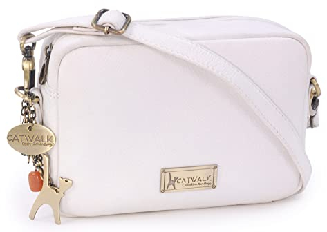 Catwalk Collection Handbags - Damen Leder Umhängetasche Klein - Crossbody Bag/Moderne Handtasche - Verstellbarer Schultergurt - POLLY - Weiß