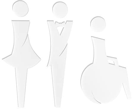 Pictogramme WC en relief. Plexi noir, blanc, miroir argent ou or. Lot de 3 plaques porte Toilettes hommes, femmes, handicapés autocollantes - Plexi blanc -