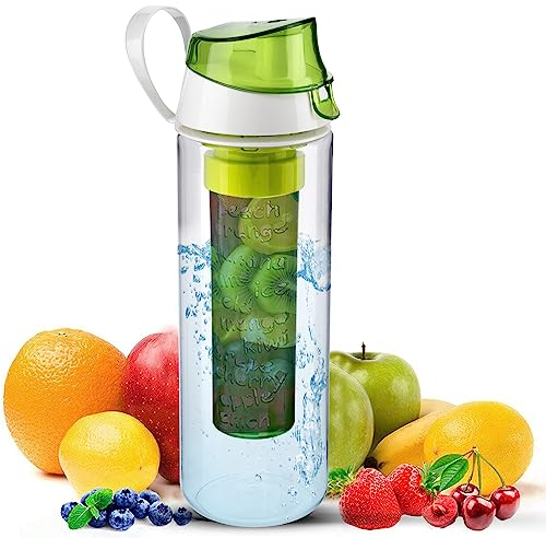 Homeshopa Fruit Infuser Water Bottle, BPA Free Flip Top Leak Proof Lid with Full Length Infusion Rod, Clear Plastic Fruit Infusion Gym Water Bottle for Sports, Camping and Travel, 22 Oz (Green)