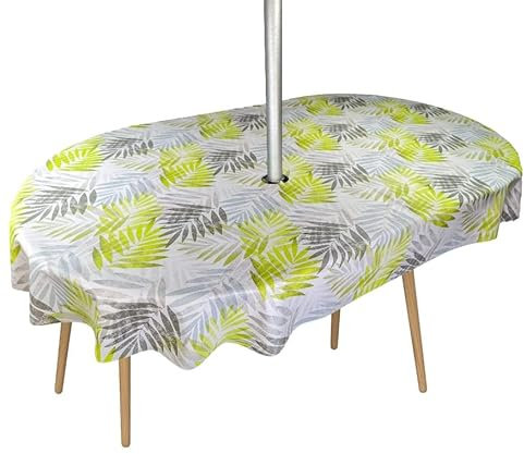 Karina Home Oval Outdoor Garden Tablecloth with Parasol Umbrella Hole Exotic Palm Leaves Grey and Green Wipe Clean Oval 200cm x 140cm