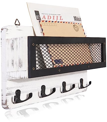 ADIIL Brief- und Schlüsselhalter für die Wand, dekorativ, Holzwand, Schlüsselregal, Organizer mit 4 Doppelschlüsselhaken, Wandhalterung, Schlüsselanhänger für Wand mit Regal, Flur, Weiß