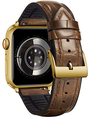 BINLUN Kompatibel mit Apple Watch Armband 42mm 41mm 40mm 38mm Alligator Leder und Silikon Lederarmband Kompatibel mit iWatch SE SE2 Series 10 9 8 7 6 5 4 3 2 1 Herren Damen(Hell Braun-Gold)